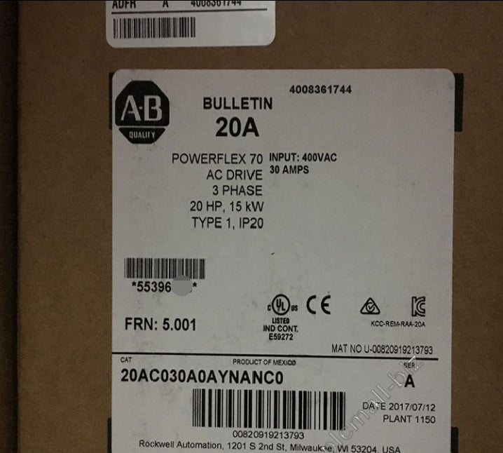 20AC030A0AYNANC0 Allen Bradley PowerFlex 70 AC Drive 30 A at 15 kW 20A ...