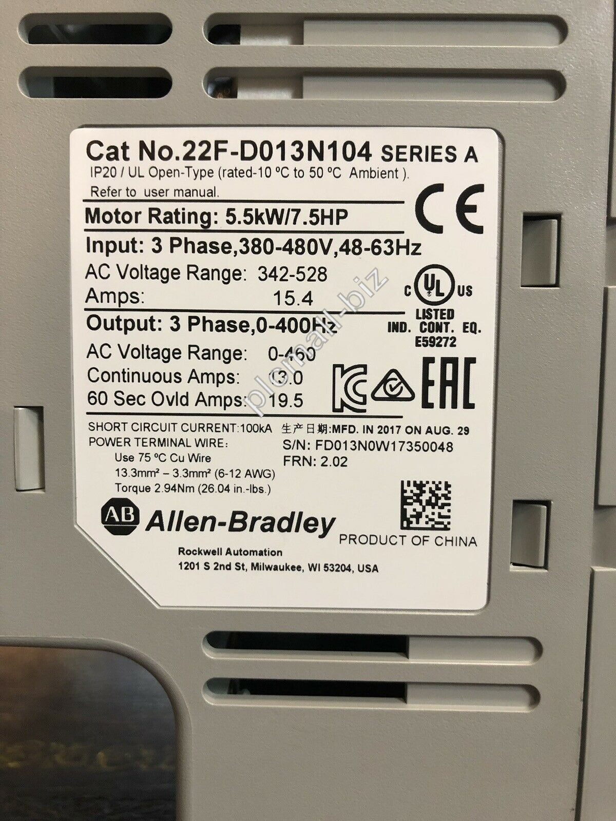 22F-D013N104 Allen Bradley PowerFlex 4M- 5.5 kW (7.5 HP) AC Drive